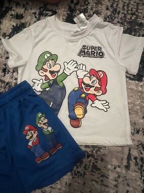 Super Mario Kids T-Shirt & Shorts Set - White & Blue with Mario and Luigi